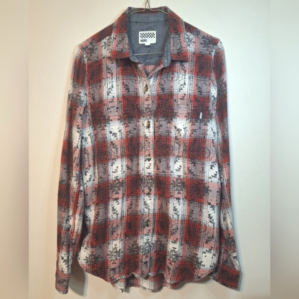 Vans medium button-up red white plaid longsleeve flannel cotton shirt